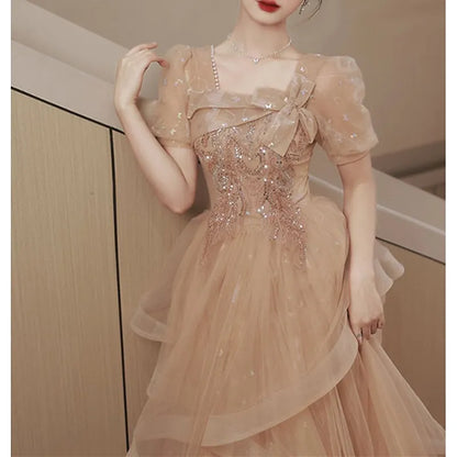 Romantic Red Ruffled Ball-Gown Square-Neck Classic-Sleeve Classic-Back Floor-Length Prom Dress