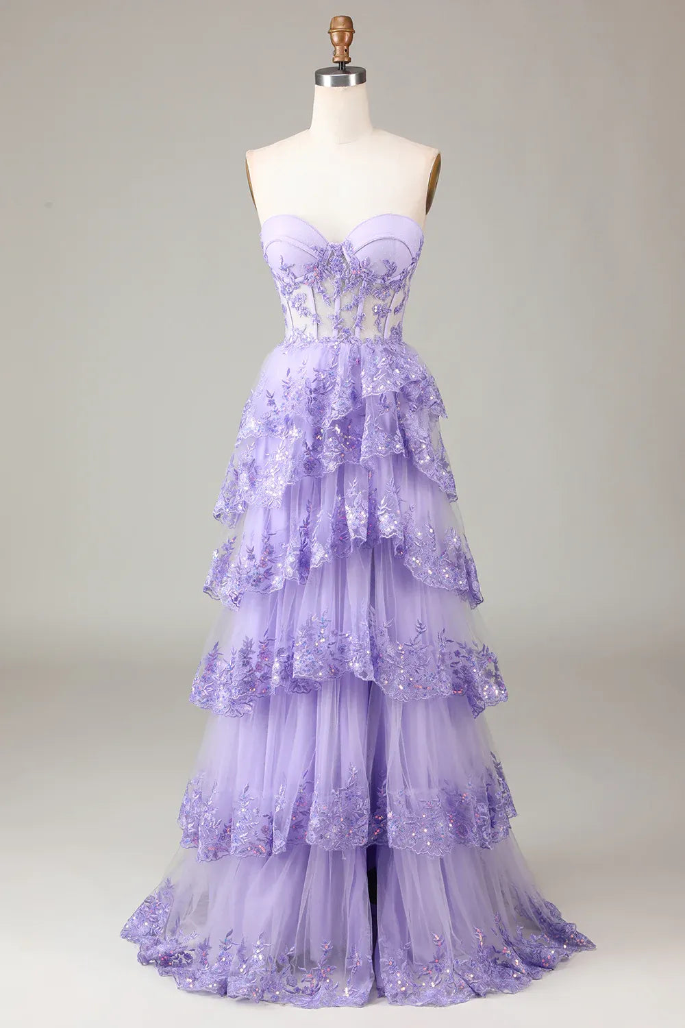 Lavender Romantic Ball Gown Sweetheart Ruffle Maxi Prom Dress