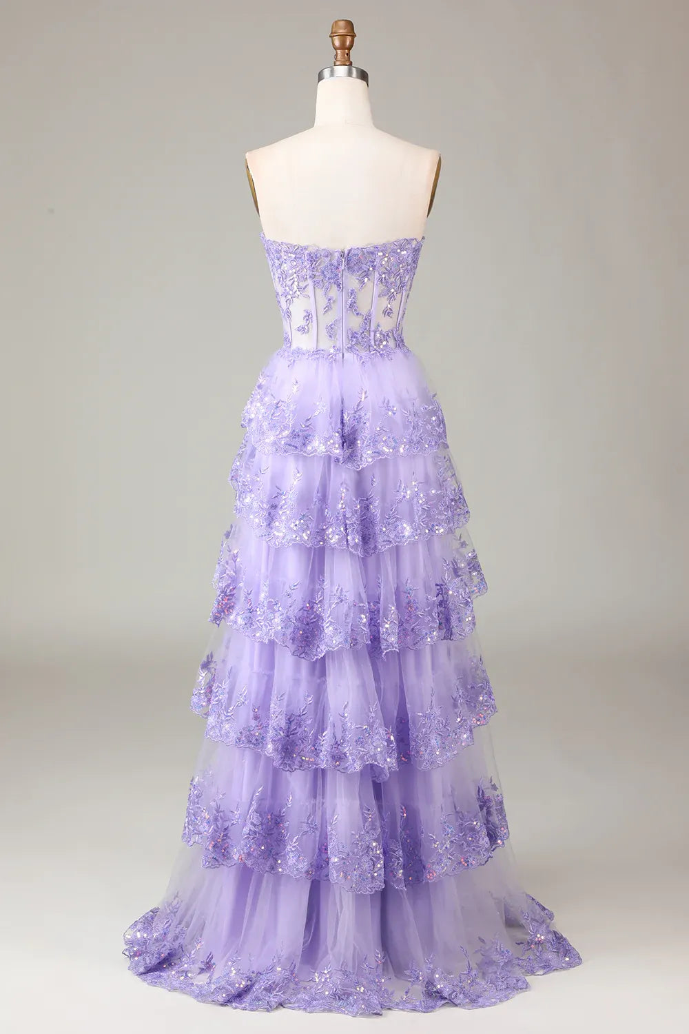 Lavender Romantic Ball Gown Sweetheart Ruffle Maxi Prom Dress