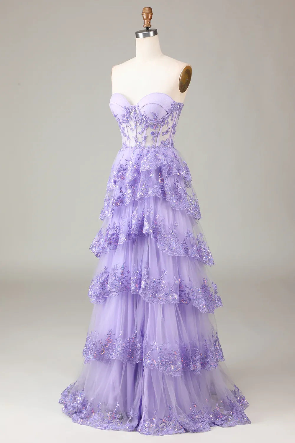 Lavender Romantic Ball Gown Sweetheart Ruffle Maxi Prom Dress