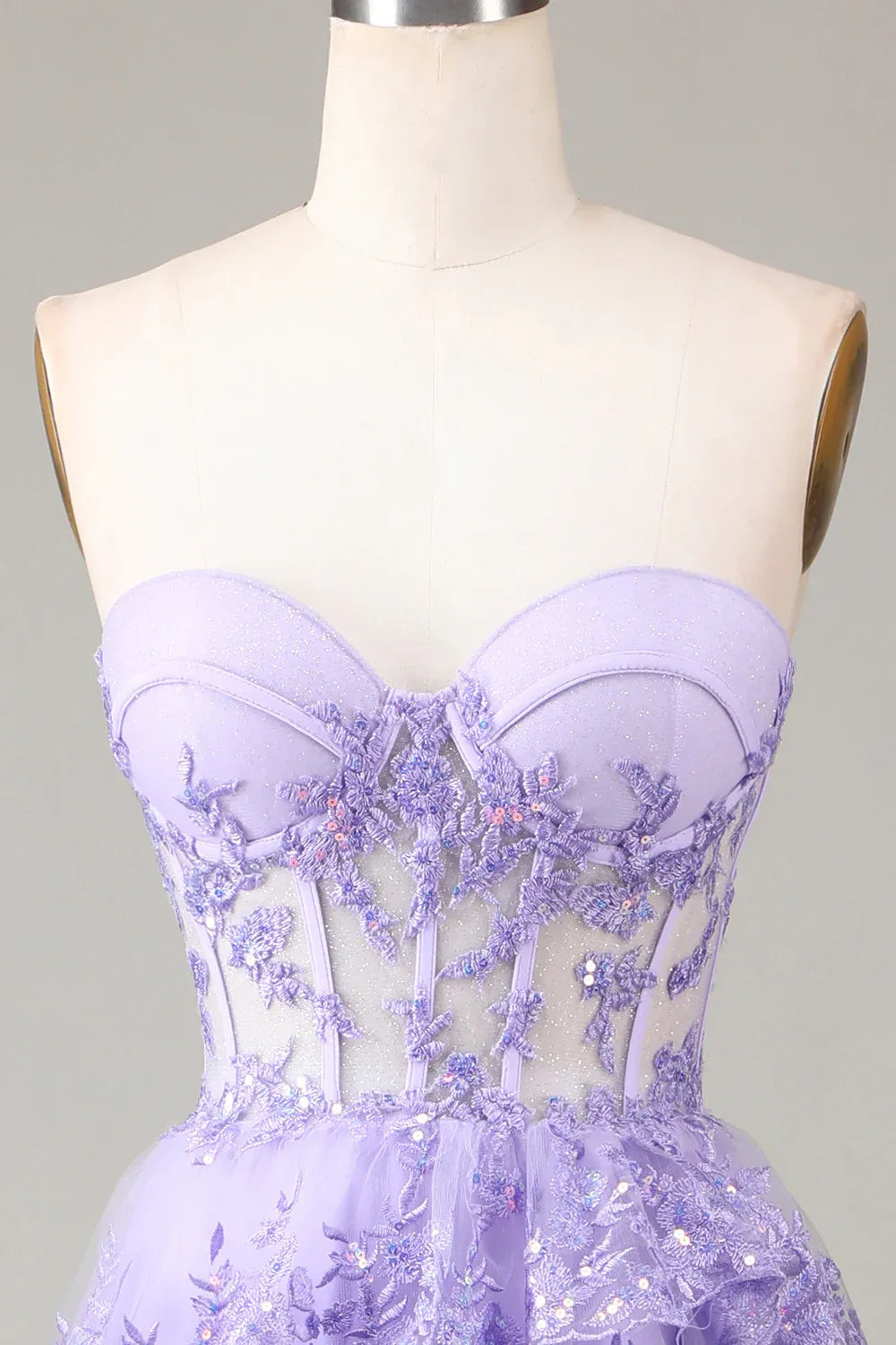 Lavender Romantic Ball Gown Sweetheart Ruffle Maxi Prom Dress