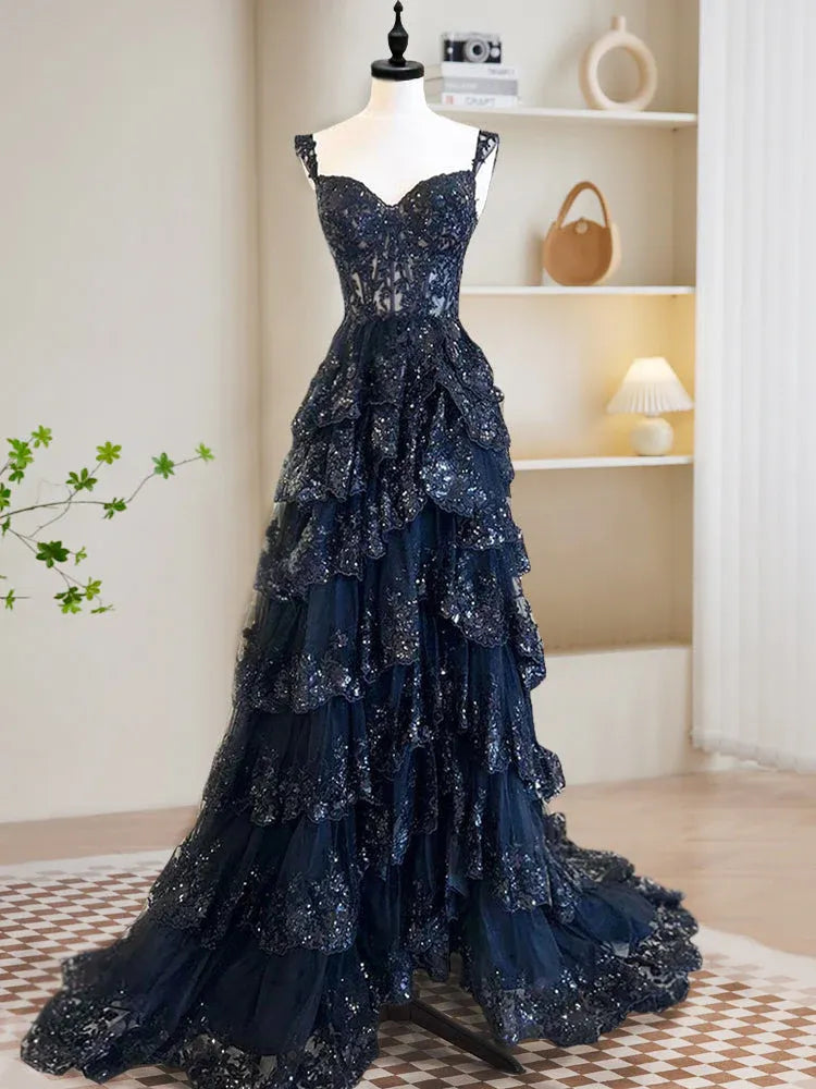 Navy Romantic Ball Gown Sweetheart Corset Tiered Ruffle Maxi Prom Dress