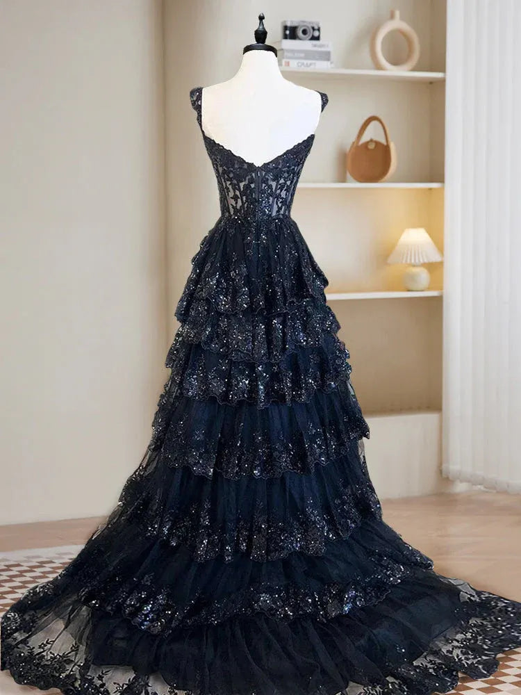 Navy Romantic Ball Gown Sweetheart Corset Tiered Ruffle Maxi Prom Dress