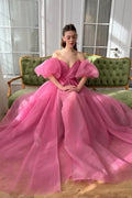 Pink Romantic Ballgown Off-Shoulder Puff Sleeve Train Party Dress