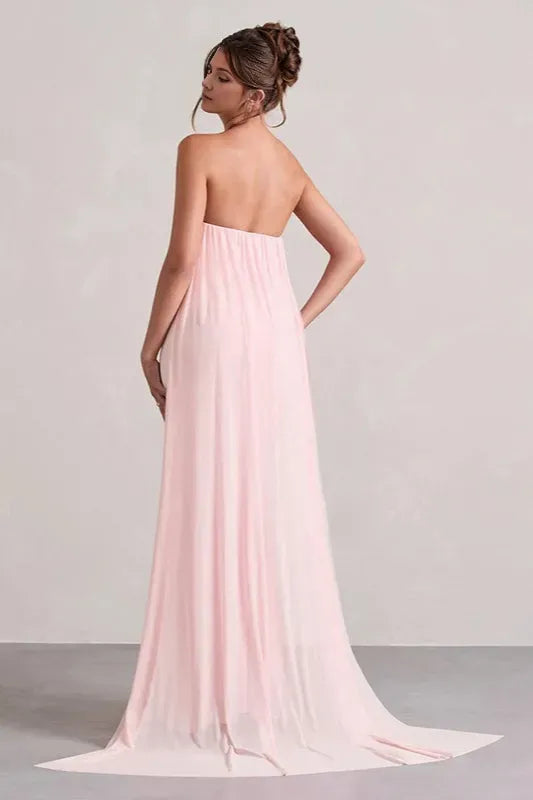 Black Romantic A-Line Off-Shoulder Sleeveless Floral Tie Draped Slit Floor-Length Prom Dresses