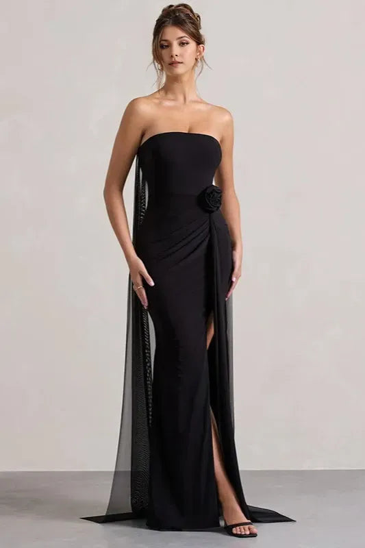 Black Romantic A-Line Off-Shoulder Sleeveless Floral Tie Draped Slit Floor-Length Prom Dresses