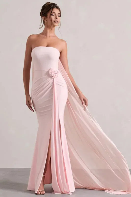 Black Romantic A-Line Off-Shoulder Sleeveless Floral Tie Draped Slit Floor-Length Prom Dresses