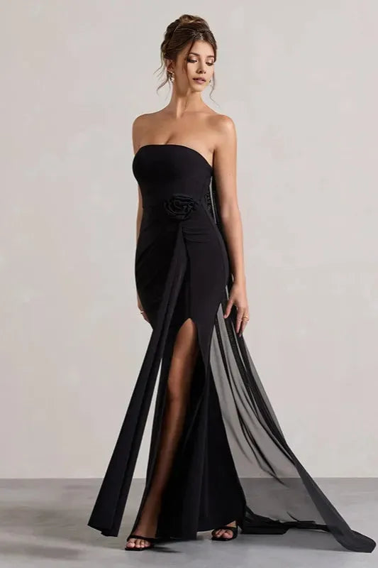 Black Romantic A-Line Off-Shoulder Sleeveless Floral Tie Draped Slit Floor-Length Prom Dresses