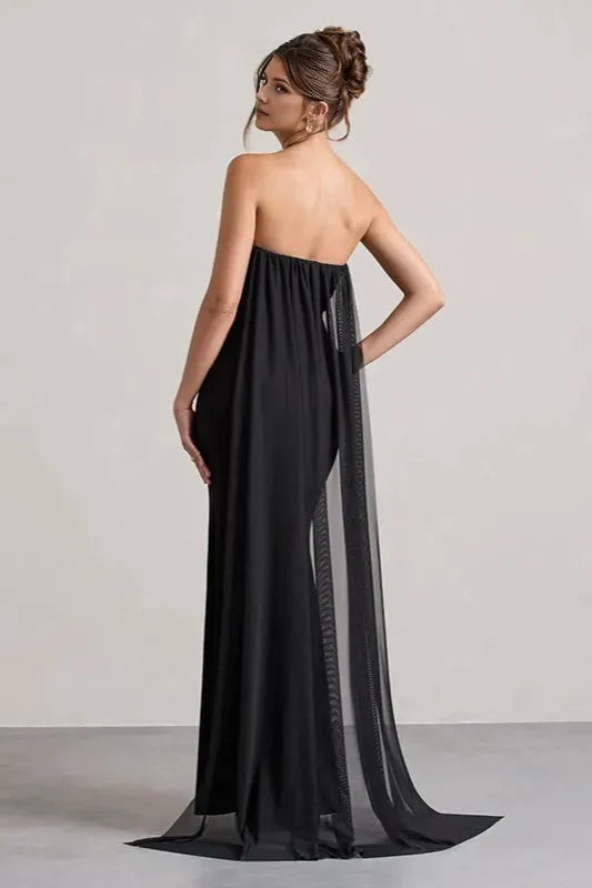 Black Romantic A-Line Off-Shoulder Sleeveless Floral Tie Draped Slit Floor-Length Prom Dresses