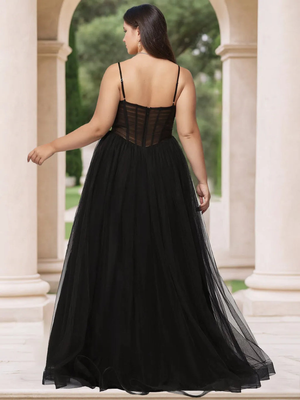 Black Romantic A-Line V-Neck Spaghetti Straps Sheer Back Zip Slit Floor-Length Plus-Size Prom Dresses with Pleated