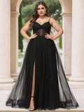 Black Romantic A-Line V-Neck Spaghetti Straps Sheer Back Zip Slit Floor-Length Plus-Size Prom Dresses with Pleated