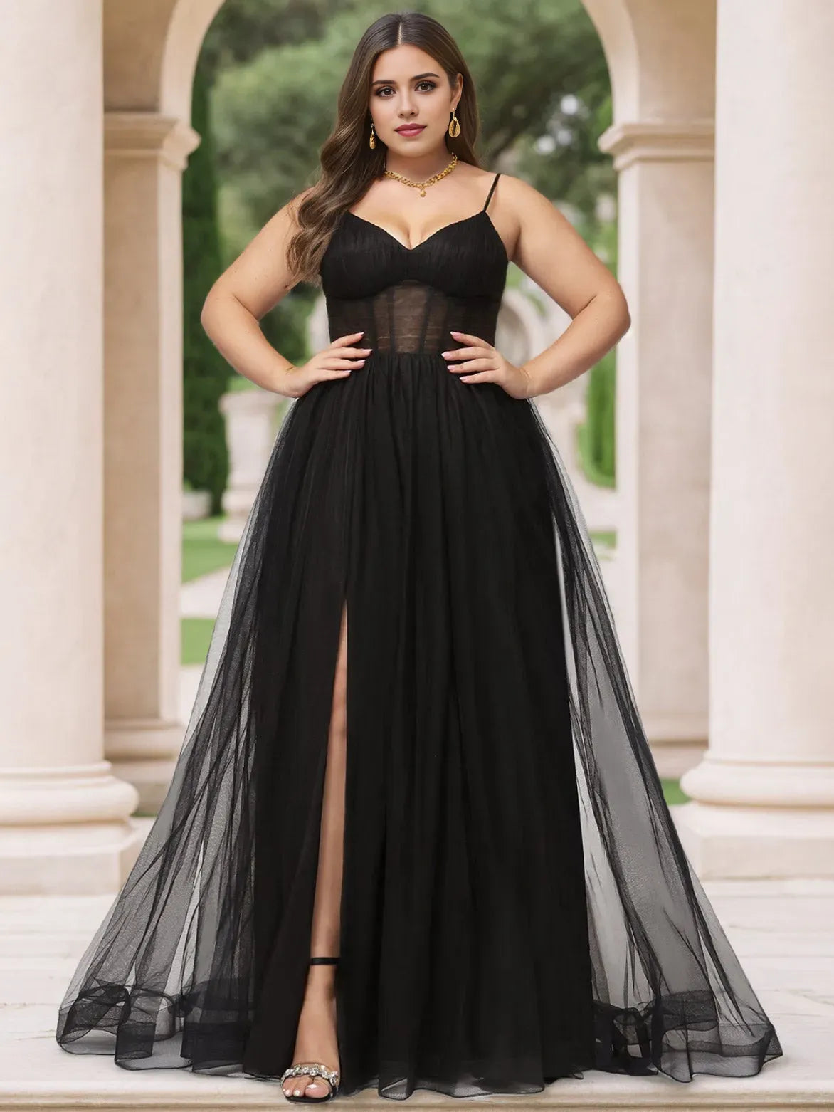 Black Romantic A-Line V-Neck Spaghetti Straps Sheer Back Zip Slit Floor-Length Plus-Size Prom Dresses with Pleated