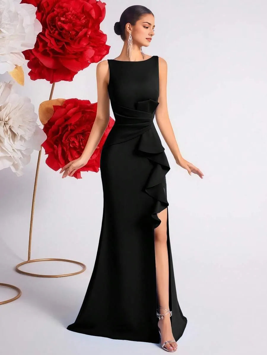 Burgundy Romantic Mermaid V Neck Sleeveless Deep V-Back Floor-Length Ruffled Bodice High Slit Prom Dress