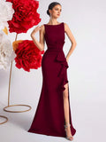 Burgundy Romantic Mermaid V Neck Sleeveless Deep V-Back Floor-Length Ruffled Bodice High Slit Prom Dress