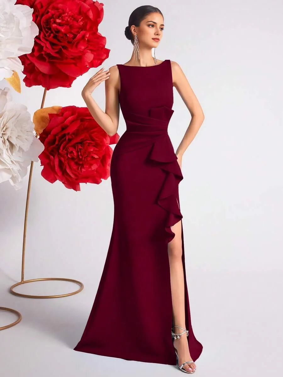 Burgundy Romantic Mermaid V Neck Sleeveless Deep V-Back Floor-Length Ruffled Bodice High Slit Prom Dress