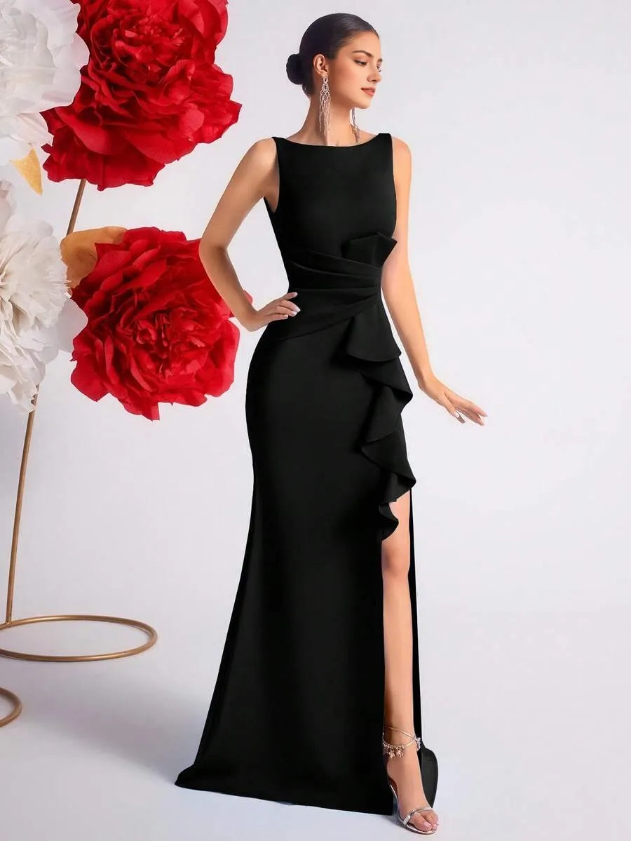 Burgundy Romantic Mermaid V Neck Sleeveless Deep V-Back Floor-Length Ruffled Bodice High Slit Prom Dress
