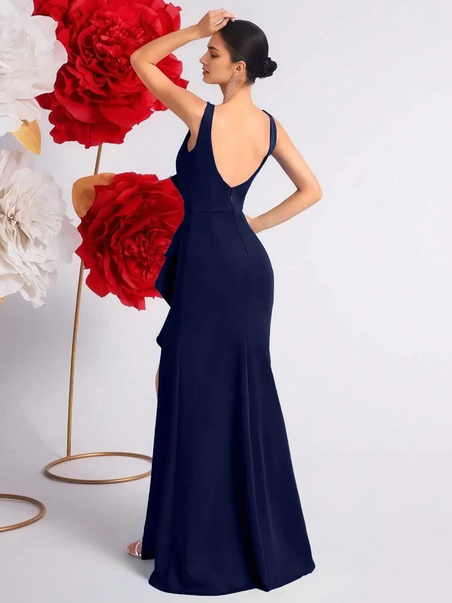Burgundy Romantic Mermaid V Neck Sleeveless Deep V-Back Floor-Length Ruffled Bodice High Slit Prom Dress