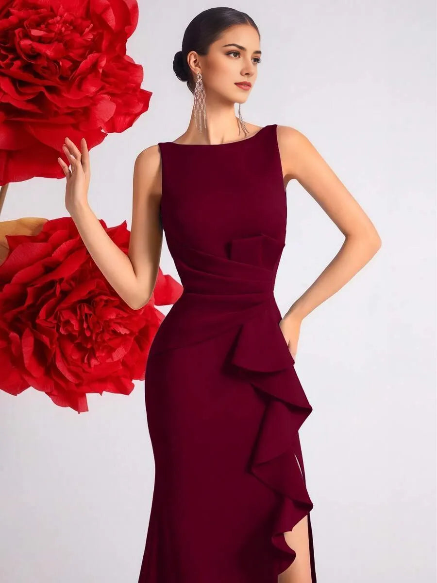 Burgundy Romantic Mermaid V Neck Sleeveless Deep V-Back Floor-Length Ruffled Bodice High Slit Prom Dress