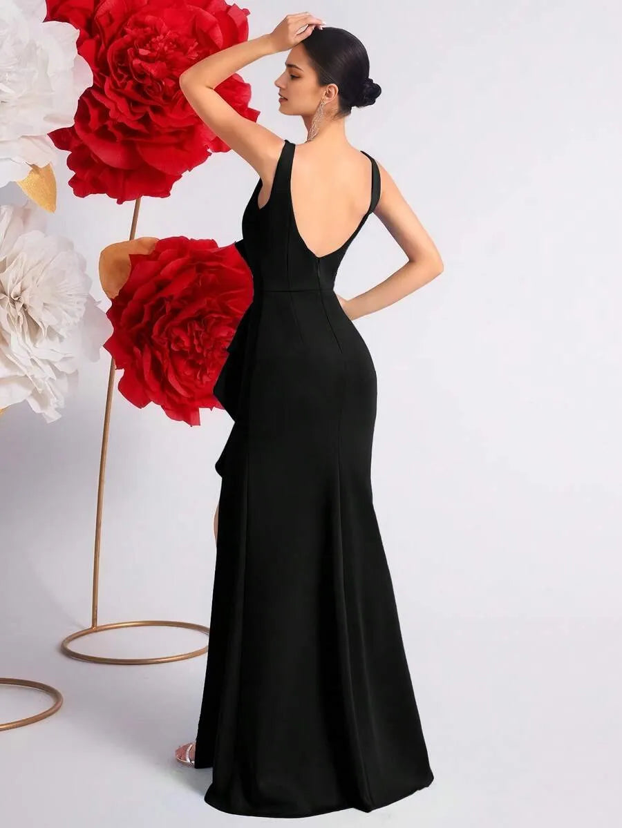 Burgundy Romantic Mermaid V Neck Sleeveless Deep V-Back Floor-Length Ruffled Bodice High Slit Prom Dress