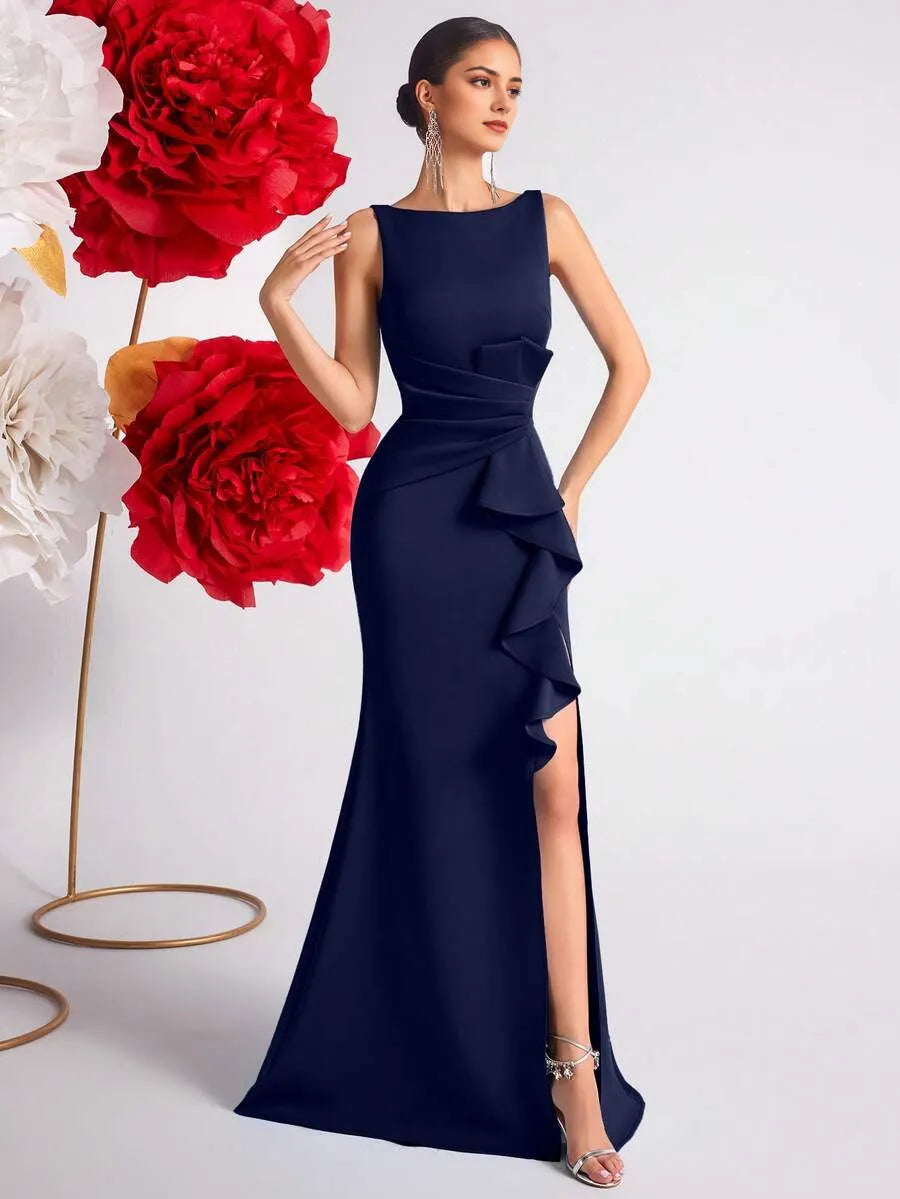 Burgundy Romantic Mermaid V Neck Sleeveless Deep V-Back Floor-Length Ruffled Bodice High Slit Prom Dress