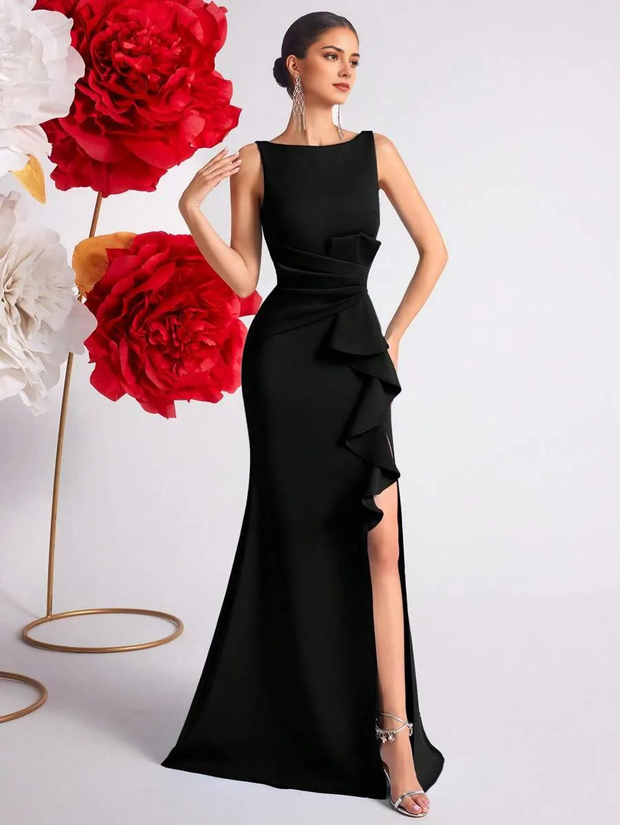 Burgundy Romantic Mermaid V Neck Sleeveless Deep V-Back Floor-Length Ruffled Bodice High Slit Prom Dress