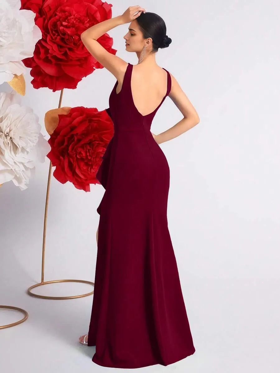 Burgundy Romantic Mermaid V Neck Sleeveless Deep V-Back Floor-Length Ruffled Bodice High Slit Prom Dress