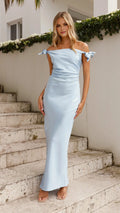 Blue Romantic Sheath Off-Shoulder Bow-Detailed Draped Backless Ankle-Length Prom Dresses for women