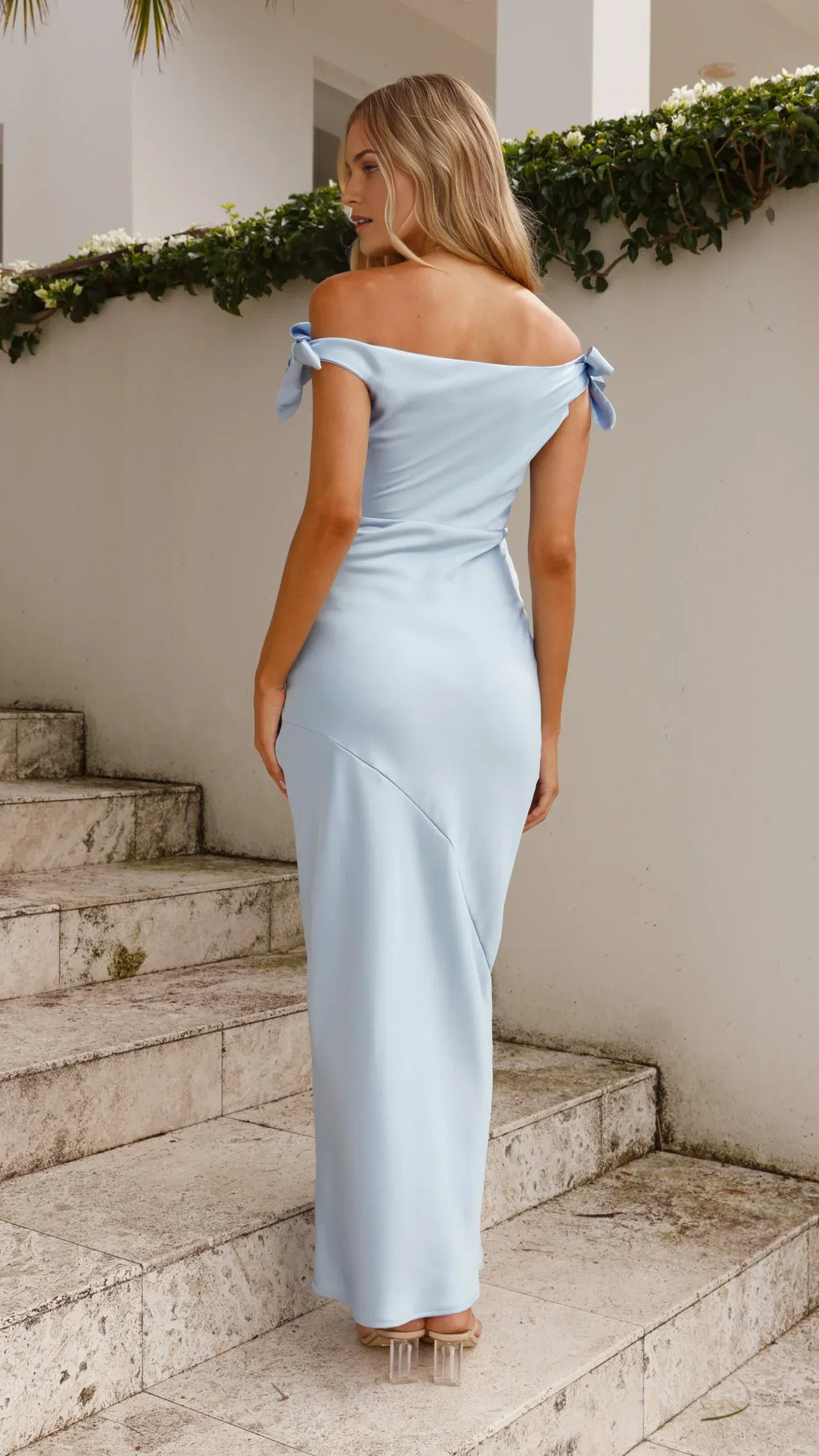 Blue Romantic Sheath Off-Shoulder Bow-Detailed Draped Backless Ankle-Length Prom Dresses for women