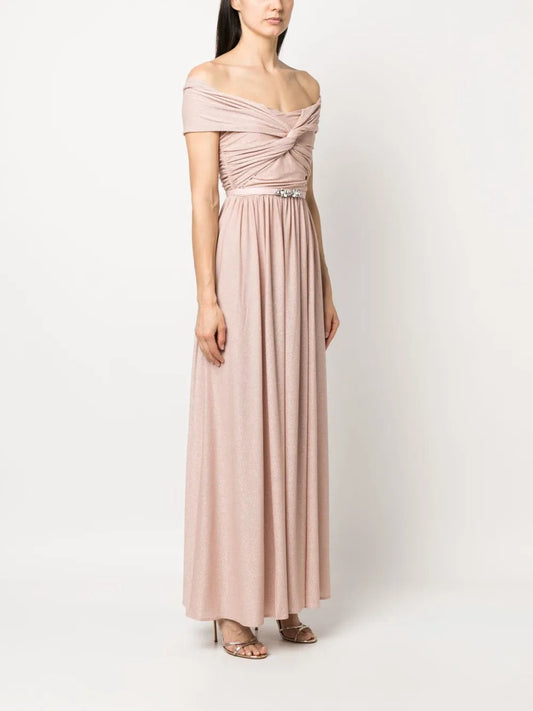 Romantic Red A-Line Off-the-Shoulder Classic-Sleeve Classic-Back Floor-Length Evening Dress