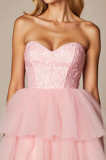 Romantic Pink Lace A-Line Strapless Classic-Sleeve Classic-Back Floor-Length Homecoming Dress