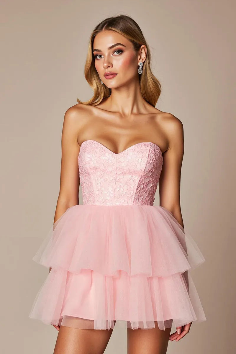 Blush Pink Romantic Blush Pink and Strapless Homecoming Dress with Tie Skirt