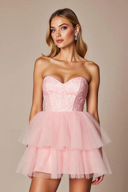 Romantic Pink Lace A-Line Strapless Classic-Sleeve Classic-Back Floor-Length Homecoming Dress