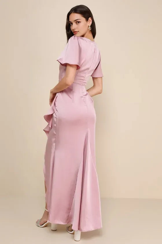Romantic Blush Prom Gown with Flutter Sleeves Plunging V Neckline and Asymmetric Ruffled High Slit Skirt for a Memorable Prom