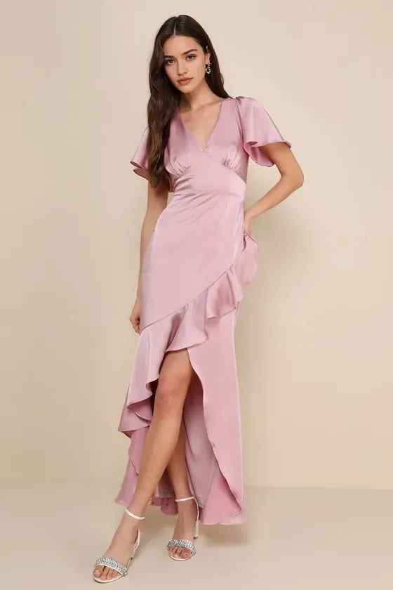 Romantic Blush Prom Gown with Flutter Sleeves Plunging V Neckline and Asymmetric Ruffled High Slit Skirt for a Memorable Prom