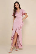 Romantic Blush Prom Gown with Flutter Sleeves Plunging V Neckline and Asymmetric Ruffled High Slit Skirt for a Memorable Prom