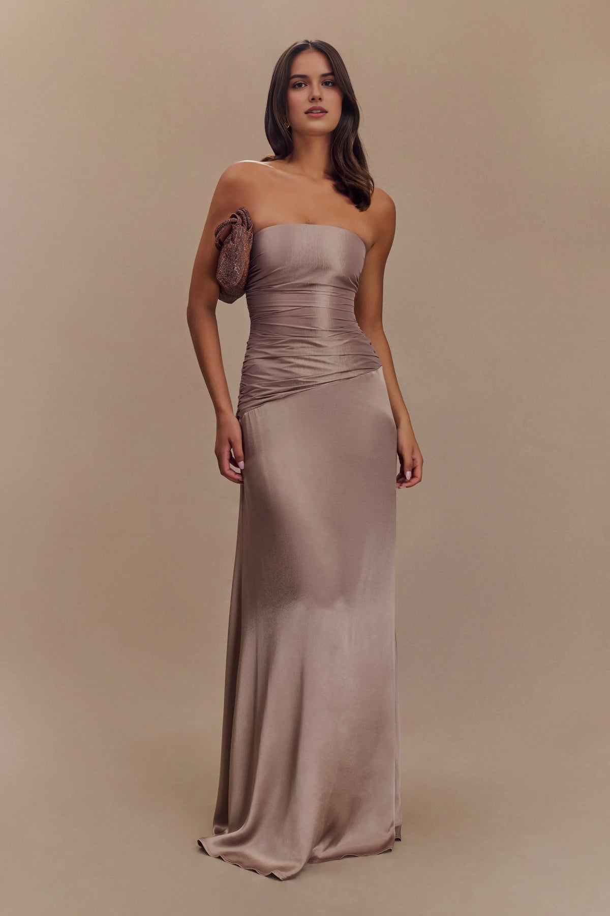 Taupe Romantic Bronze Sheath Strapless Sleeveless Ruched Bodice Lace-Up Back Floor-Length Prom Dresses
