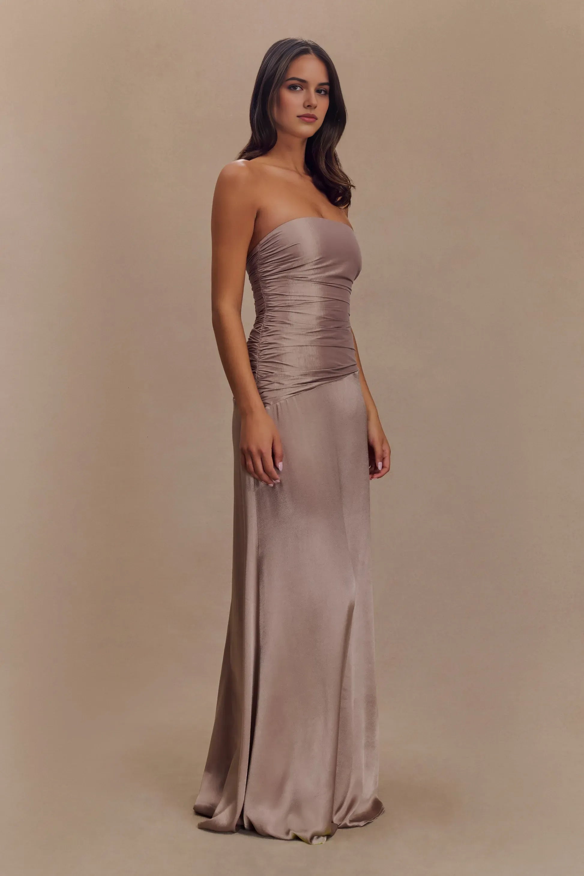 Taupe Romantic Bronze Sheath Strapless Sleeveless Ruched Bodice Lace-Up Back Floor-Length Prom Dresses