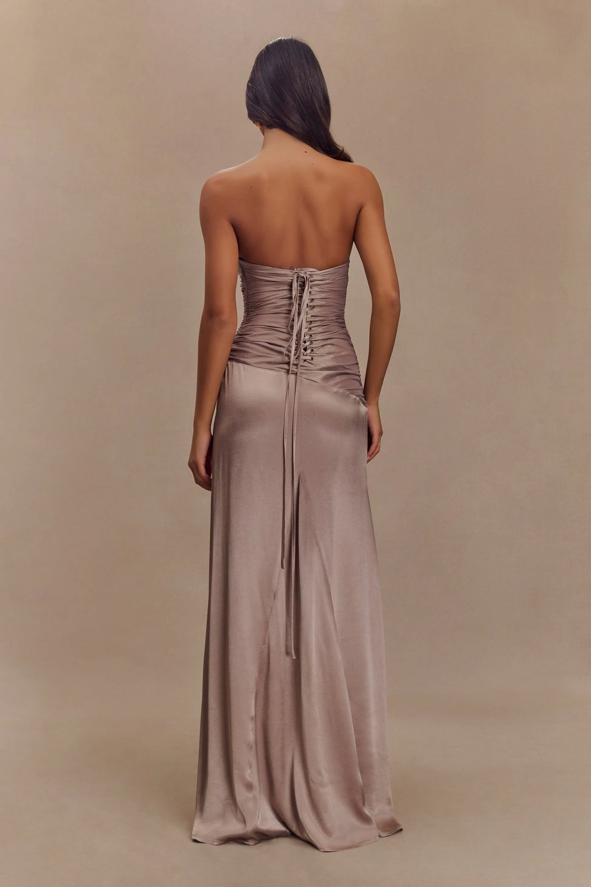 Taupe Romantic Bronze Sheath Strapless Sleeveless Ruched Bodice Lace-Up Back Floor-Length Prom Dresses