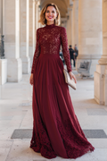 Burgundy Romantic A-Line High Neck Long-Sleeve Back Zip Floor-Length Mother Of The Bride Dresses