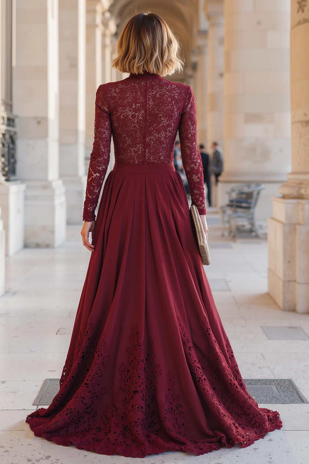 Burgundy Romantic A-Line High Neck Long-Sleeve Back Zip Floor-Length Mother Of The Bride Dresses