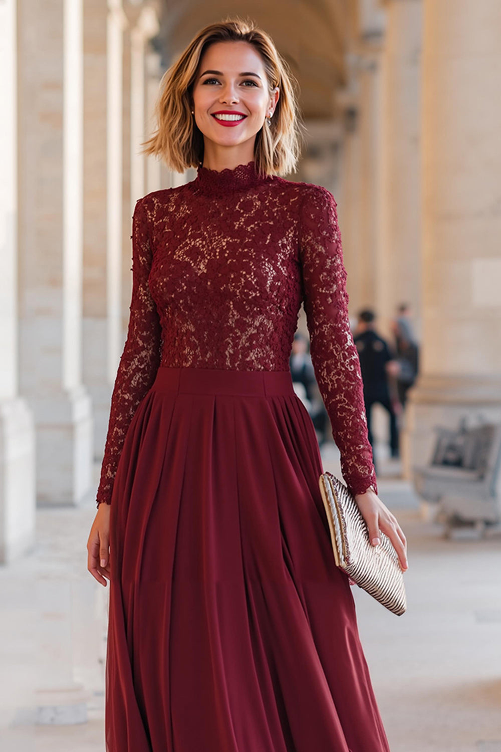 Burgundy Romantic A-Line High Neck Long-Sleeve Back Zip Floor-Length Mother Of The Bride Dresses