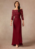 Burgundy Romantic Mermaid Off the Shoulder Mother of the Bride Dress Delicate Off - Shoulder Neckline Soft Sheer Sleeves Draped Accents Graceful Ruffled Skirt