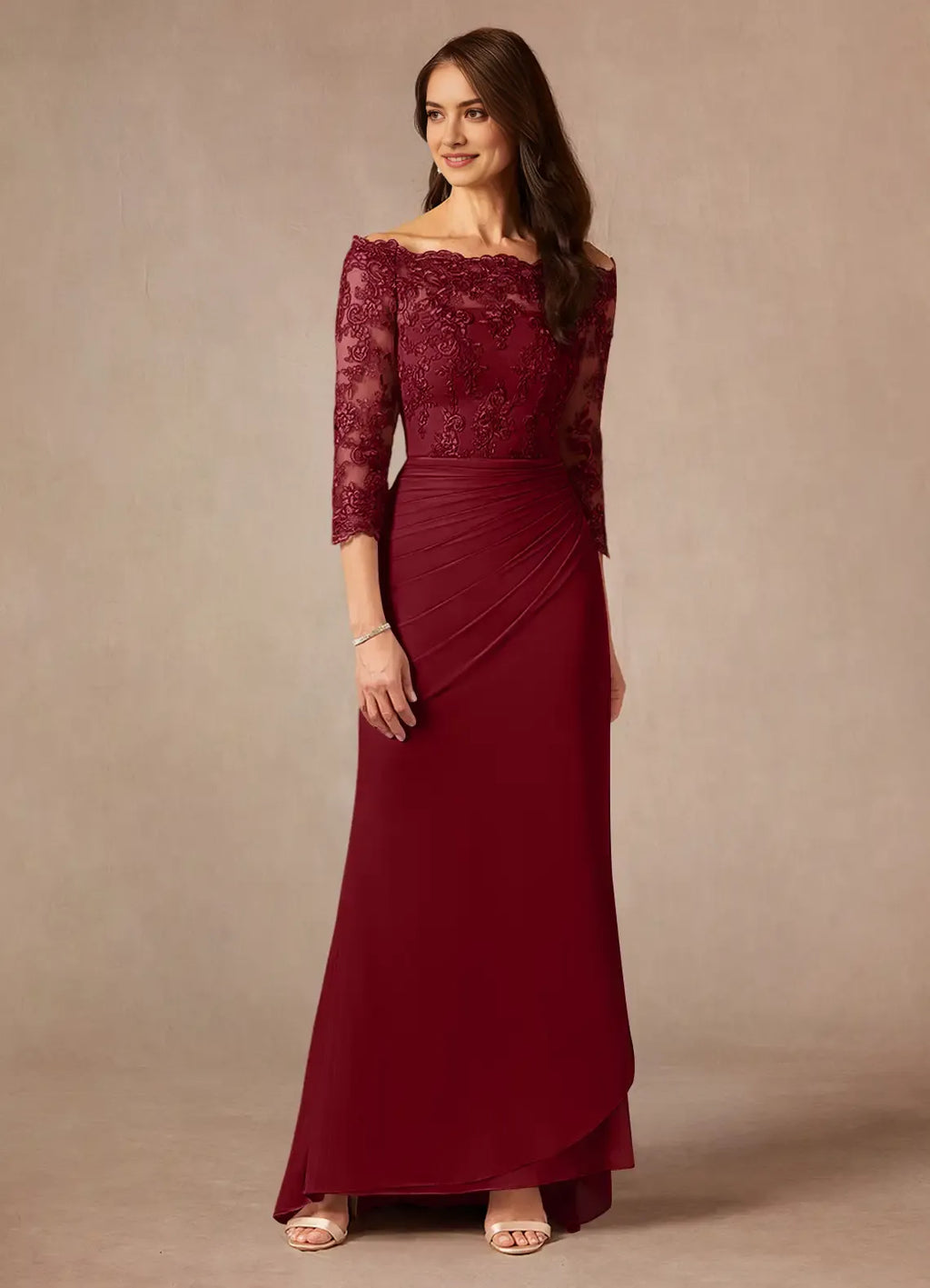 Burgundy Romantic Mermaid Off the Shoulder Mother of the Bride Dress Delicate Off - Shoulder Neckline Soft Sheer Sleeves Draped Accents Graceful Ruffled Skirt