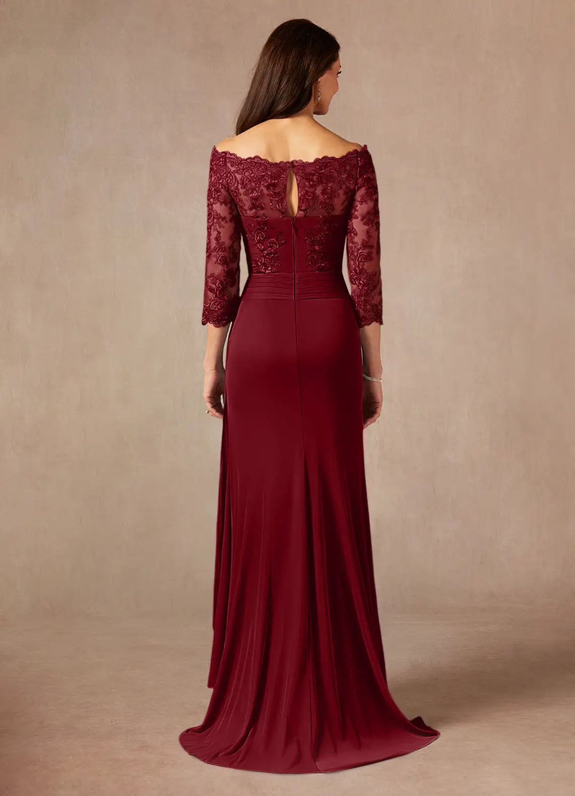 Burgundy Romantic Mermaid Off the Shoulder Mother of the Bride Dress Delicate Off - Shoulder Neckline Soft Sheer Sleeves Draped Accents Graceful Ruffled Skirt