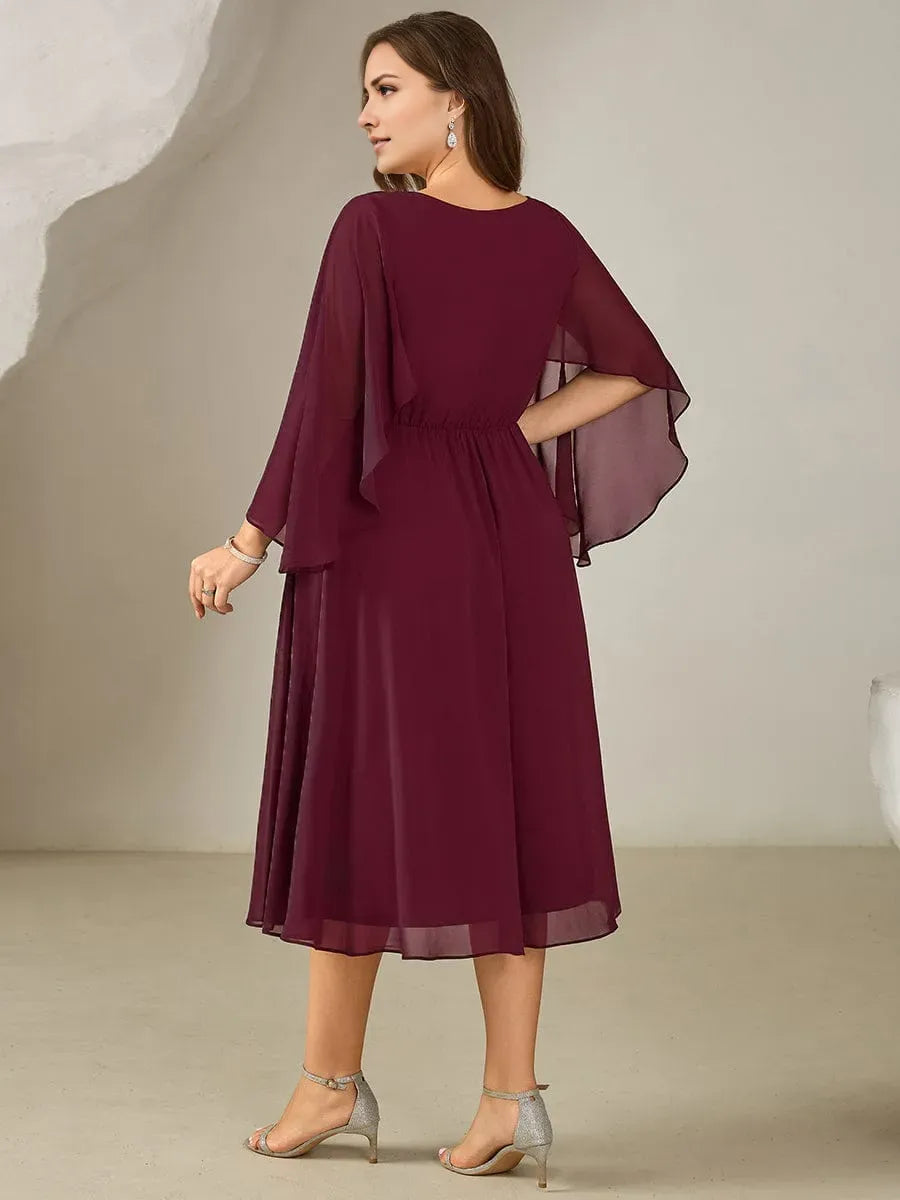Burgundy Romantic Plus-Size A-Line Deep V-Neck 3/4 Sleeve Tea-Length Ruched Bodice Prom Dresses