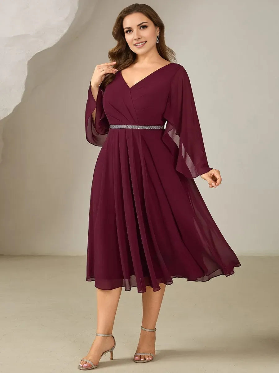 Burgundy Romantic Plus-Size A-Line Deep V-Neck 3/4 Sleeve Tea-Length Ruched Bodice Prom Dresses