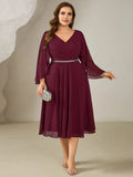 Burgundy Romantic Plus-Size A-Line Deep V-Neck 3/4 Sleeve Tea-Length Ruched Bodice Prom Dresses