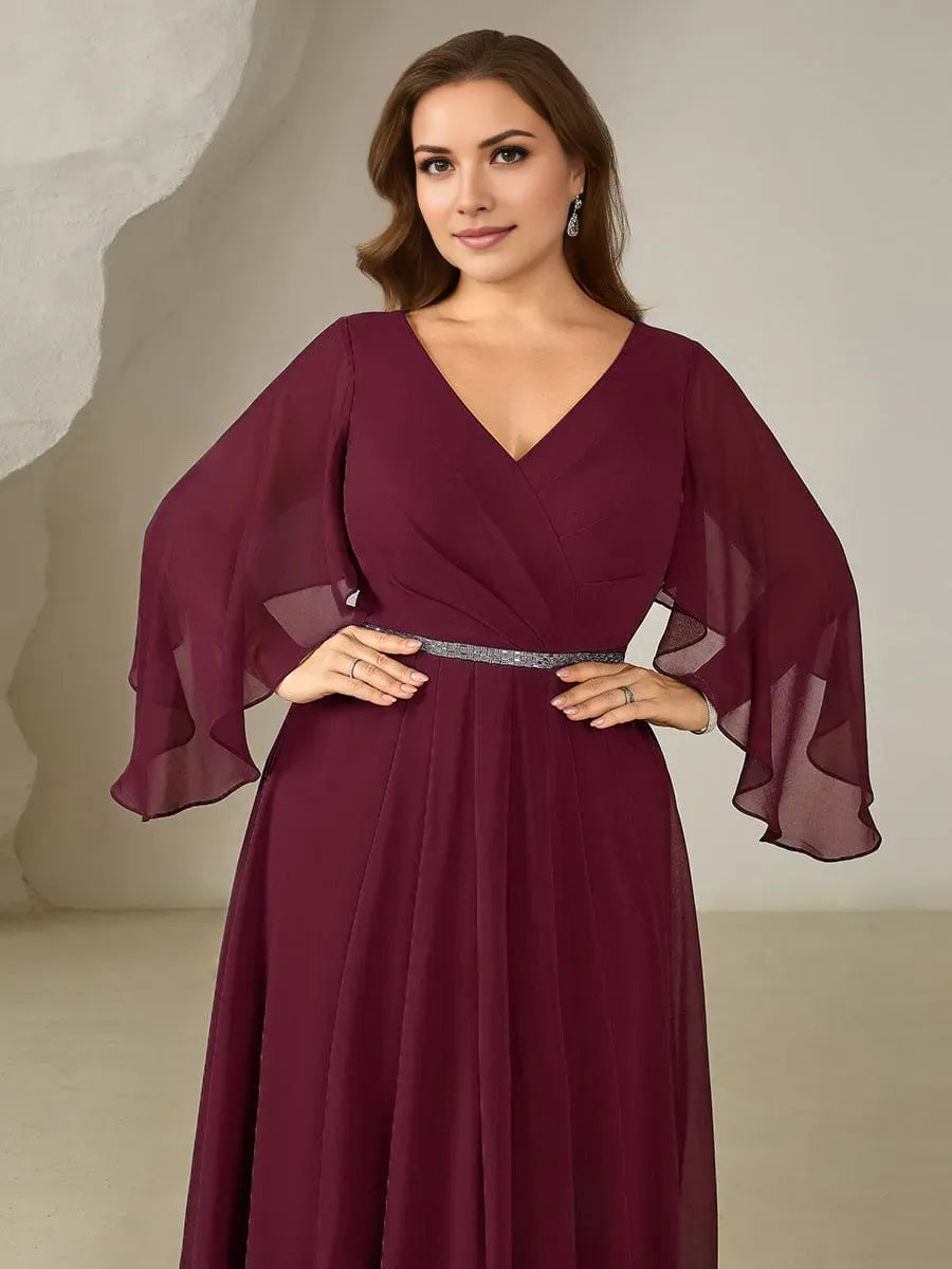 Burgundy Romantic Plus-Size A-Line Deep V-Neck 3/4 Sleeve Tea-Length Ruched Bodice Prom Dresses