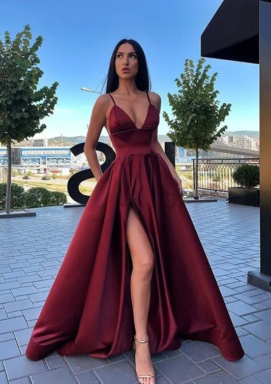 Romantic Burgundy A-Line V-Neck Sleeveless Classic-Back Floor-Length Prom Dress