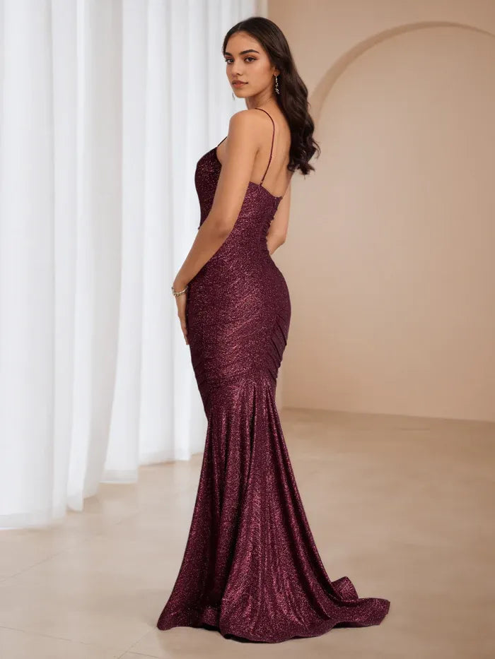 Burgundy Romantic Sparkle Prom Gown Cowl Neck Spaghetti Straps Mermaid Fit for Dreamy Events